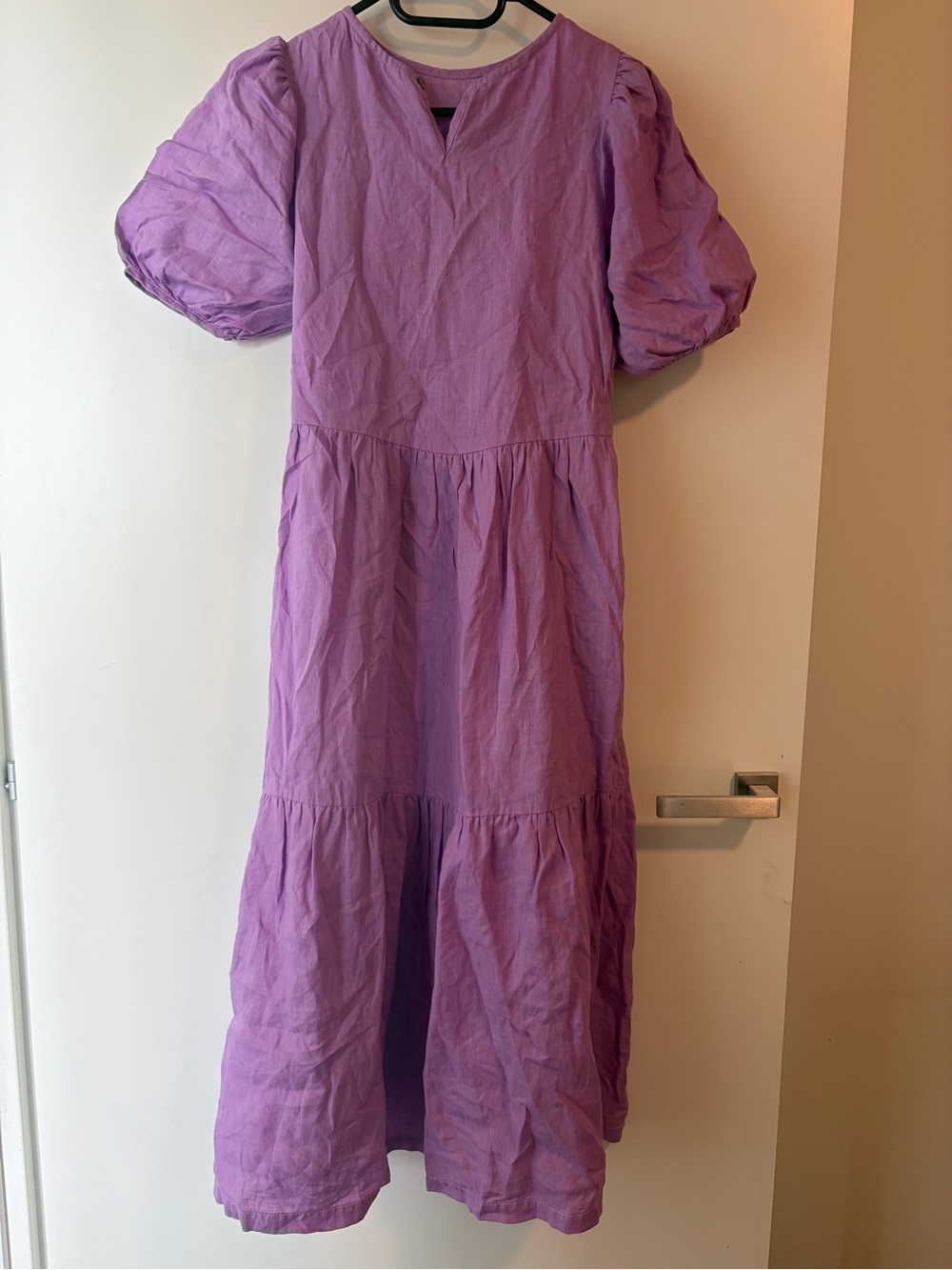 100% Irish linen lilac maxi Embroidered Puff Sleeve dress fairy princess - Picture 5 of 5